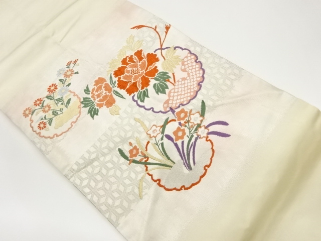 リサイクル　雪輪に草花模様織出し名古屋帯